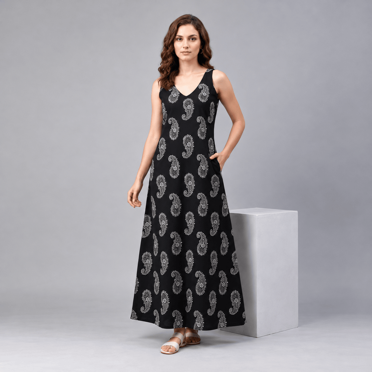 Black Block Print Cotton Dress